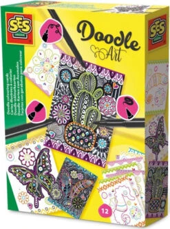 SES Creative Doodle Art Inkleur-Kaarten 12 Stuks + 3 Zwarte Stiften